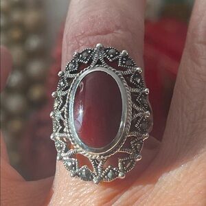 925 SS Marcasite & Carnelian agate Cabochon Ring - Size 5.25